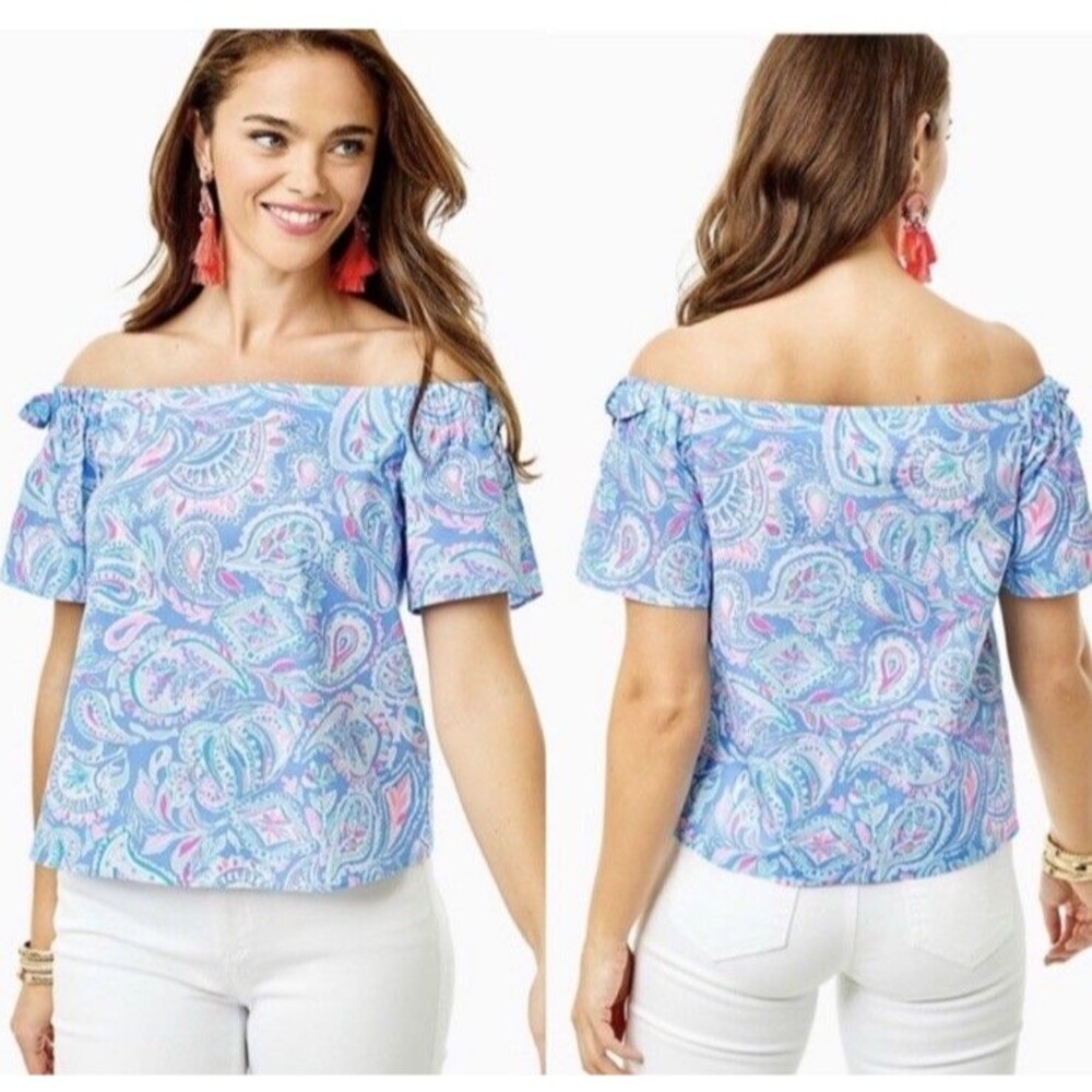 Lilly Pulitzer Tamara Blouse XL Blue Fish Kiss Cotton Off Shoulder Resort Top